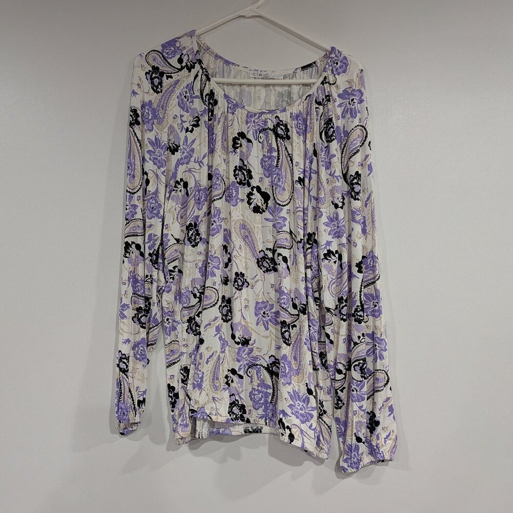 Cleo Floral Print Jersey Stretch Peasant Top White Black Mauve Size XXL